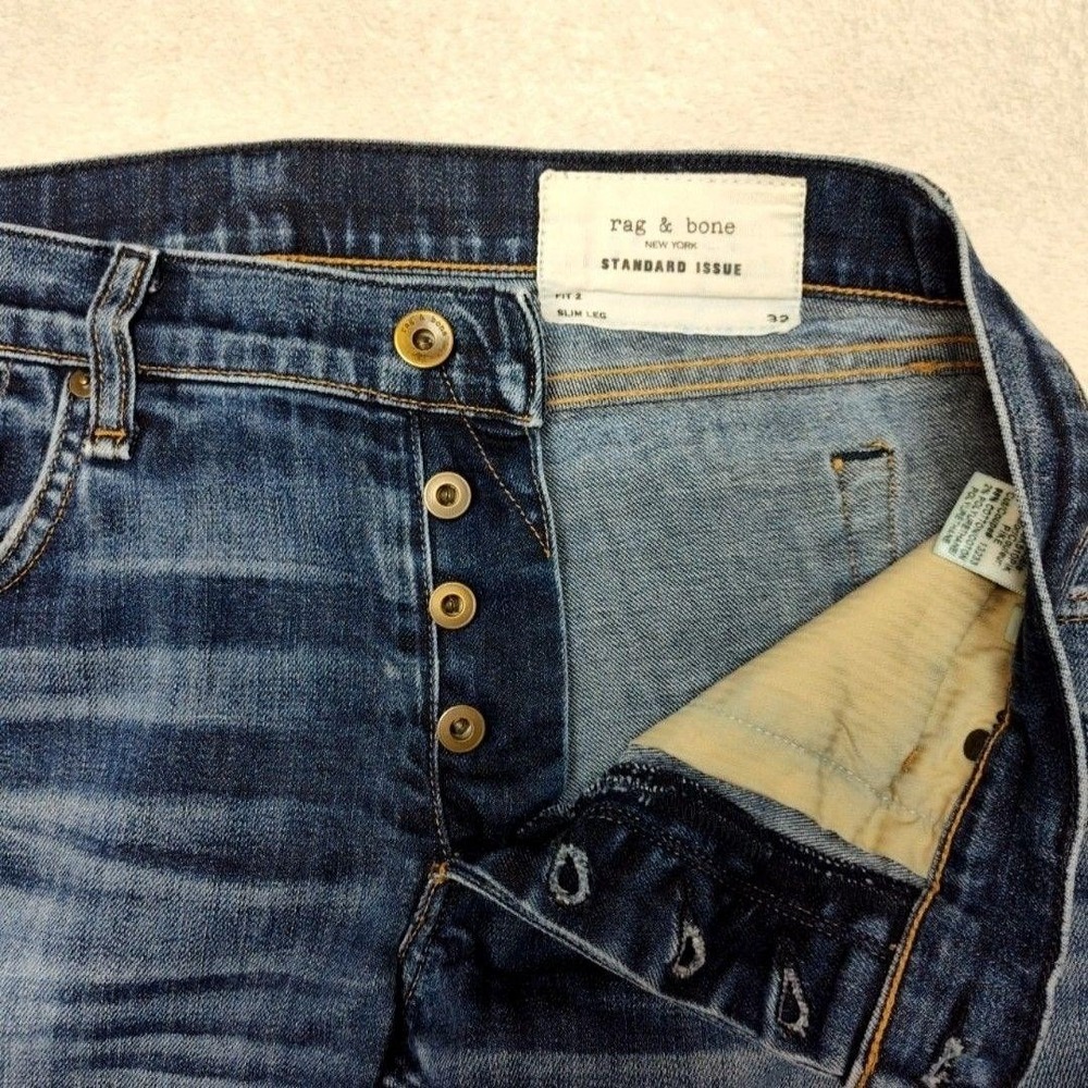 Rag & Bone Jeans Mens 32x34 Blue Slim Tapered Standard Distressed 5-Pocket HOLE - Picture 11 of 16